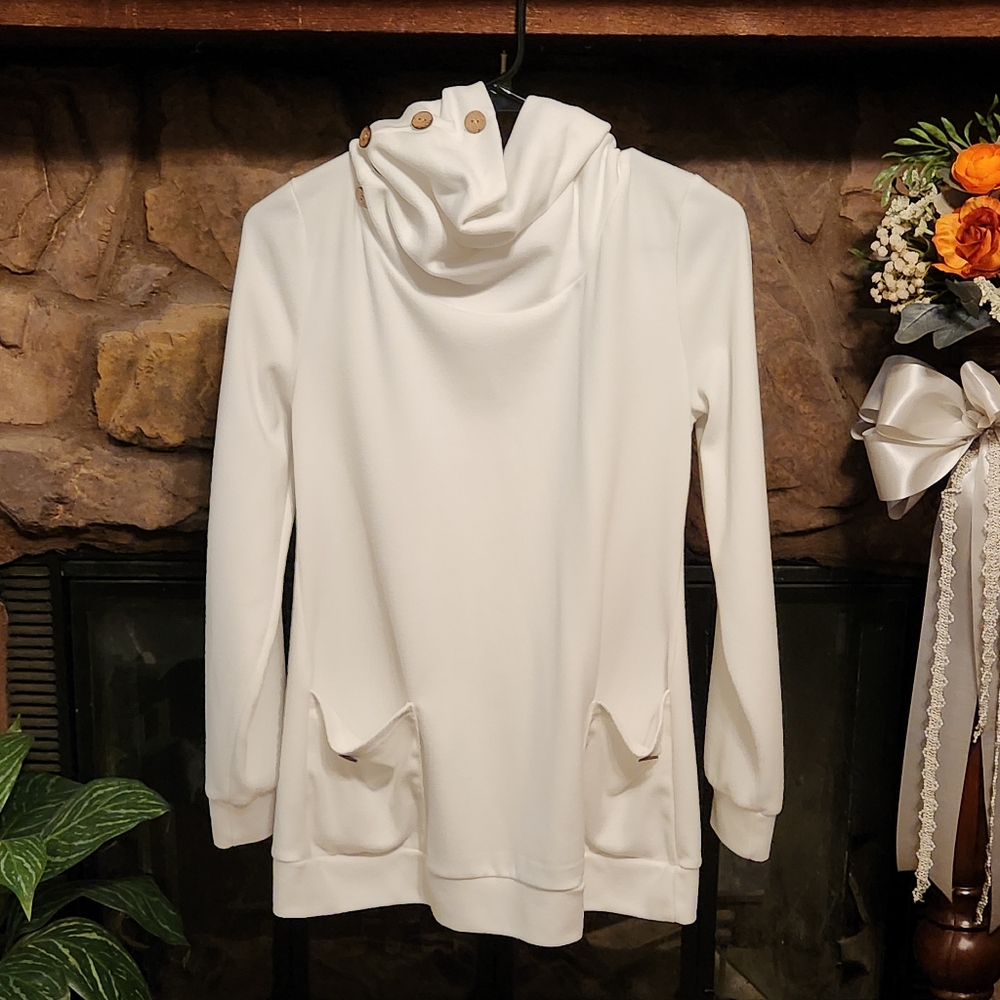 Cowl Neck Tunic Sweater - White w/Brown Buttons - Women's Small